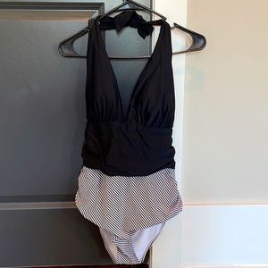 Maternity one-piece bathing suit, black and white striped, size small